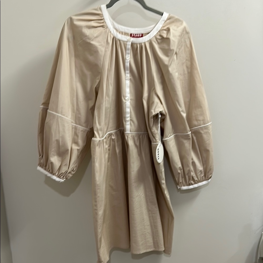 Staud Light Pink Baby Doll Button-Down Dress with White Trim